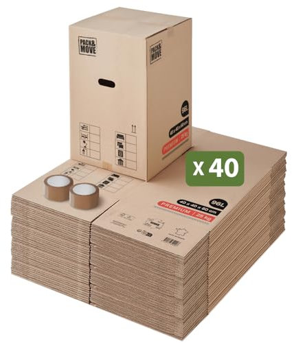 Pack And Move - Set med 40 premium flyttkartonger - 40 x 40 x 60 cm - extrem styrka 25 kg - återanvändbar, dubbel tjocklek - förstärkta handtag - 2 lim gratis