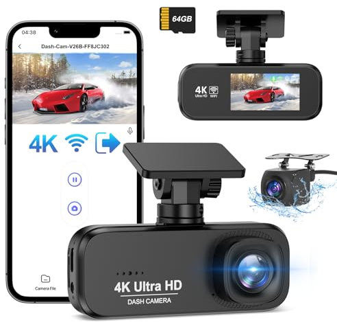 Topabol Dashcam Auto Vorne Hinten 4K+1080P, WiFi DashCam mit 64GB SD Karte, Dashcam Auto Vorne G-Sensor,170° Weitwinkel, Auto Kamera Super Night Vision, Dash cam Unterstützt 256 GB Max
