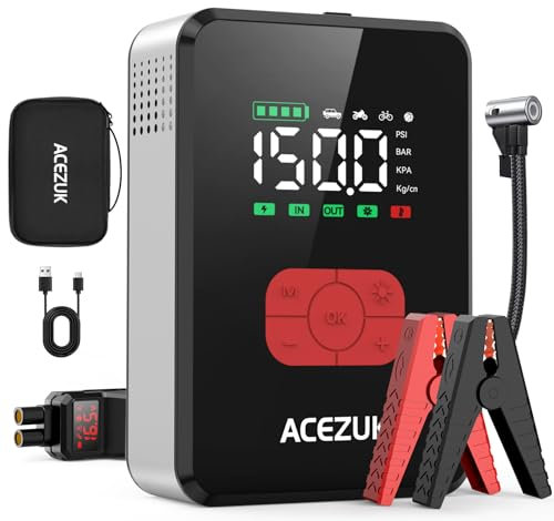 ACEZUK Starthilfe Powerbank mit 150PSI Kompressor 7000A Starter Powerbank für PKW mit 3,4 LCD Bildschirm,600 Lumen Notbeleuchtung,Zwangsweise Startfunktion