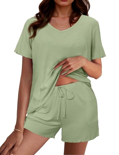 Bresdk Pigiama Donna con Cotone Estivo Corto Pigiami Donna Leggero Due Pezzi Comodo Casa Manica Corta con Coulisse per Casa e Casuale(Verde Menta,XL)