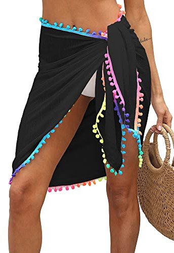 Women Sexy Beach Sarongs Sheer Mesh Swimsuit Wrap Skirt Bikini Holiday Cover Ups with Colorful Pompom Tassel (A-Black, ONE SIZE)