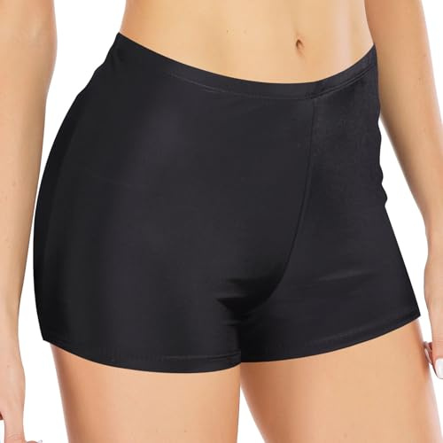 Swim Shorts Women High Waist Tummy Control Board Shorts Swimwear Bottoms Bikini Beach Boyleg Swimming Briefs (L, Black)