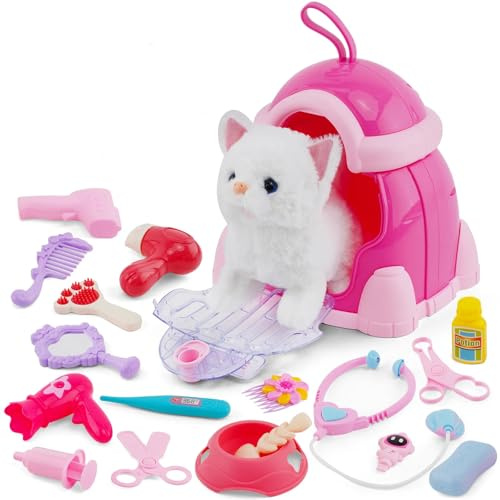 Juguetes de Peluche,Gato Interactivo Que Anda y Ladra con Correa, Realista Juguete Interactivo Gatito, Animales de Juguetes Incluye 20pcs Accesorios, para Niños 2 3 4 5 Años