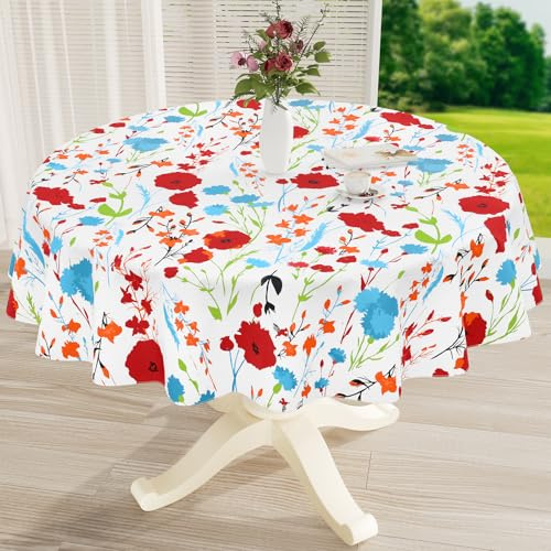 misaya Round Waterproof Vinyl Table Cloth, Wipeable Tablecloth with Flannel Backing, Plastic Table Cover for Dinner, Picnic, Indoor and Outdoor (Flowers, 60)