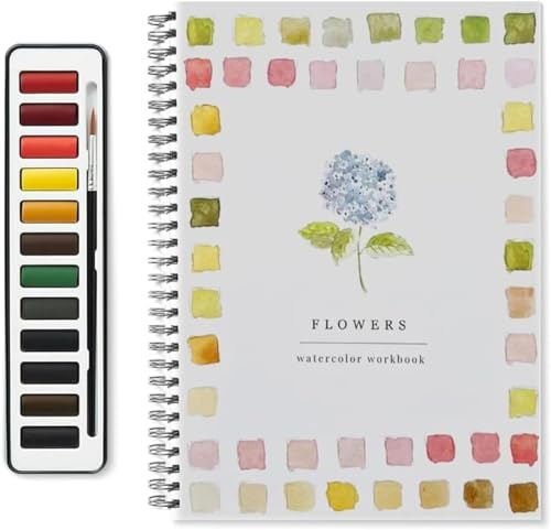 Watercolor Workbooks, Beginner-Friendly Birds Watercolour Workbooks, 12 Colours Watercolour Paint Set with Paint Brush, Art Crafts Painting Supplies, Water Colour Book for Kids Adults Teens (Flowers)