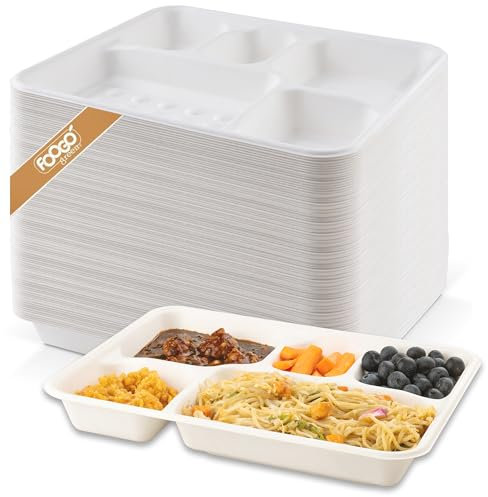 FOOGO Green 100pcs Large Disposable Plates with compartments, 11x8 inch 5 Deep Compartments, Sugarcane Bagasse Paper Trays, Divided Plates for Hot Food, Portion Control