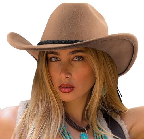 DRESHOW Cowboyhatt Dam Cattleman Western Retro Hattar Cowgirlhatt med Bred Kant Utomhus med Spännebälte Unisex Fedora Filt Upprullade Hut