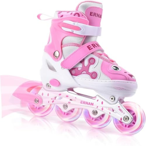 ERNAN Patines en línea Ajustables para niños y niñas con Ruedas de iluminación, para Principiantes y Jóvenes Patines de Ruedas para Niños Grandes en Exteriores e Interiores (Pink, M)