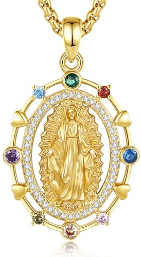 EUDORA Harmony Ball Collana in Argento Sterling 925 con la Vergine Maria per Donna, Ciondolo Placcato oro 18k con la Madonna di Guadalupe Medaglione con Gioielli Della Beata Vergine Maria Regalo, 22