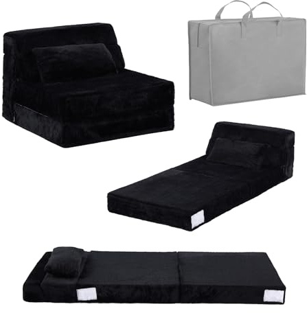 SESHINELL Kids Sofa Bed, Convertible Toddler Chair Bed, Folding Couch for Playroom, Bedroom or Living Room, Fold Up Modular Floor Futon Mattress Sofa for Boys & Girls, Plush Black