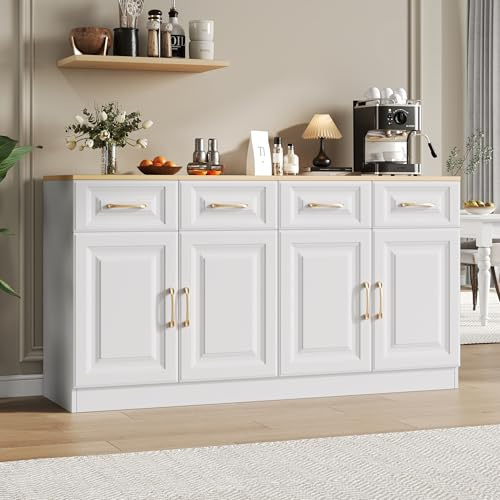 Laxnb Aparador Cocina Blanco Aparadores para Salon con 4 Puertas y 4 Cajones, 140x40x75cm Aparador Entrada, Armario Cocina Buffet Comoda Vitrina Mueble Auxiliar de Comedor, Encimera Color Roble