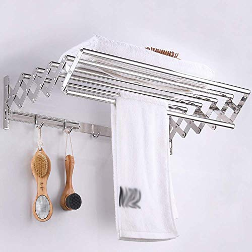 Toallero extensible de pared de 40 cm, de acero inoxidable, plegable, con ganchos, para uso en interiores y exteriores, acabado plateado