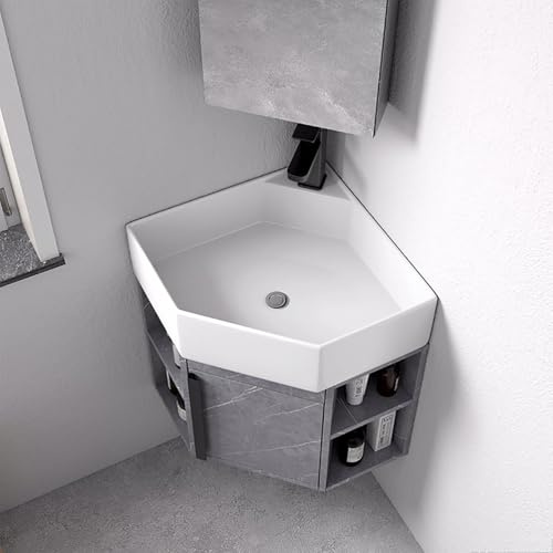 Hörnhandfat för väggmontering – 45,7 cm stort keramiskt hörntvättställ med förvaringsbehållare, platsbesparande design för små badrum, snyggt hörnhandfat för balkongen och balkongen