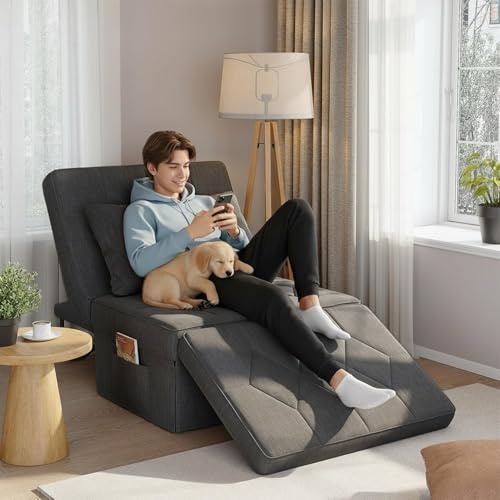 DSNAPE 4-in-1 Sofa Bed, Convertible Single Sofa Chair with 5-Level Adjustable Backrest, Sleeper Chair Bed with Pockets and Pillow, Foldable Pull Out Sofa for Living Room Bedroom Guest Room, Dark Grey