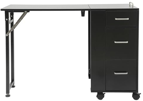 GramStudio Tavolo per manicure con 3 cassetti, tavolo per unghie pieghevole con armadio, tavolo per manicure, saloni di bellezza (nero)