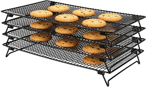MUKSUET 4 stycken hopfällbart kylgaller bröd, 42,5 x 27,5 x 5 cm, stapelbart, tårtgaller, rektangulärt, svart bakgaller för kylning för kex, cupcakes, muffins grill