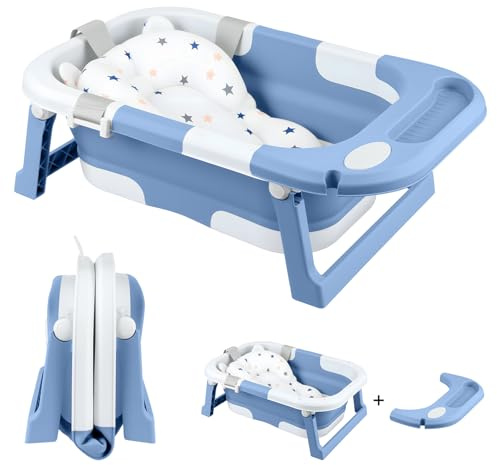 LN COZY CORNER Foldable Baby Bathtub with Seat Support – Portable Collapsible Infant Bath Tub for Newborn to Toddler (0–36 Months), Non-Slip Safe Baby Bathing Tub (Blue)