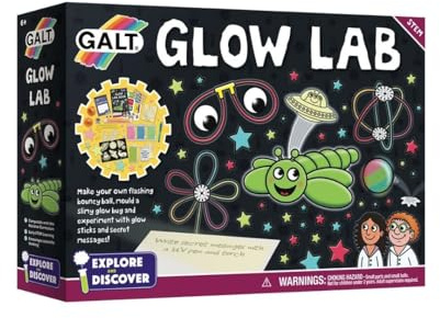 Galt Glow Lab – Explore & Discover Science Kit with 11 Hands-On Experiments for Kids – National Curriculum STEM Toys with 22 Glow Sticks, UV Pen & Slime Powder, Fun Educational Toys for 6+ Year Olds