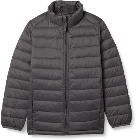 Amazon Essentials Boys' Lightweight Water-Resistant Packable Puffer Jacket, Dark Grey, Medium