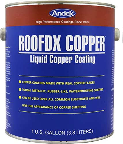 Andek RoofDX Copper, Authentic Exterior Copper Coating. Two pounds of Copper Flakes per Gallon. Very Durable. Waterproofs and Protects The Substrate from Harsh Outdoor Weather. 1 Gallon