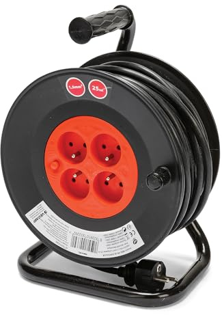 Velamp REEL-FR-25 förlängningskabel, elektrisk, 25 m, med kabelanslutning, 4 uttag, 16 A, tvärsnitt 3G1,5 mm2, svart/röd