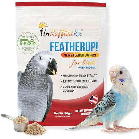 UnRuffledRx FeatherUp! Bird Molting Support & Feather Growth Supplement - for Plucking, Regrowth & Molt - Multivitamin & Amino Acids for All Birds - 90g (240 Servings)