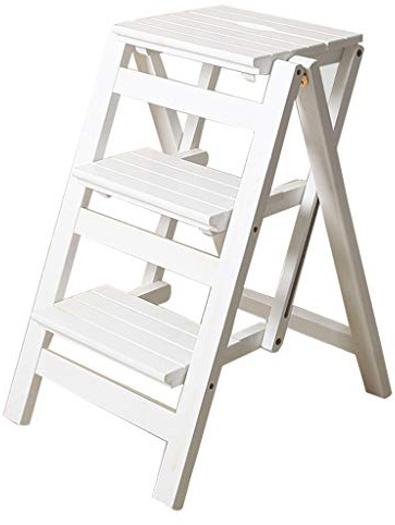 Plegable Multifuncional Escalera de Tijera de 3 peldaños de Madera Utilidad de la Silla de la Escalera Herramienta de Escalada para jardín Pesado (Blanco)