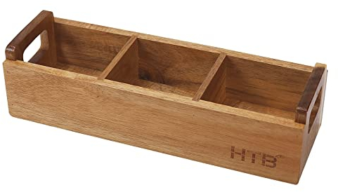 HTB Small Tea Bag Box Wooden, 3 Compartments Acacia Wood Tea Bag Chest with Handle, Mini Countertop Divided Storage Container for Beverage Supplies, Sugar, Sweeteners, Individual Packets