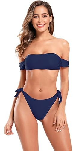 SHEKINI Maillots de Bain Deux Pièces Femme Bikini Bandeau Halter Réglable épaules dénudées Élégant Bikini Femme 2 Pièces Taille Basse Réglable String Bas de Bikini de Plage(M,Bleu Foncé)