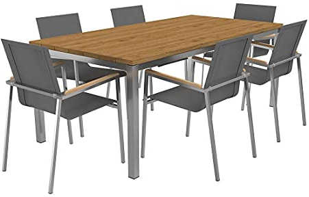OUTLIV. Gartenmöbelset Rimini 7-TLG, Edelstahl/Teak/Textilene, für 6 Personen, stapelbare Stühle, Tisch 200x100x76 cm, Edelstahl/Silber-Schwarz