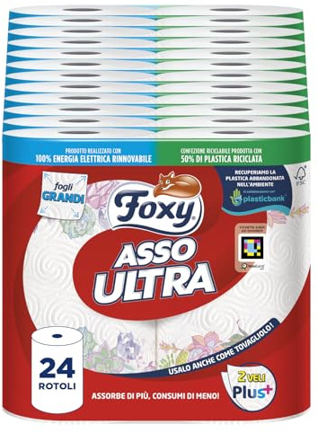 Foxy Asso Ultra |Asciugatutto 24 rotoli| Veli Plus+ Assorbenti e Resistenti | Decorato|100% Energia elettrica rinnovabile| Confezione riciclabile prodotta con plastica riciclata