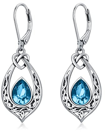 Boucles d'oreilles pendantes vintage en argent sterling 925 oxydé motif nœud celtique bleu aigue-marine avec pierre de naissance de mars cadeau d'anniversaire pour femme