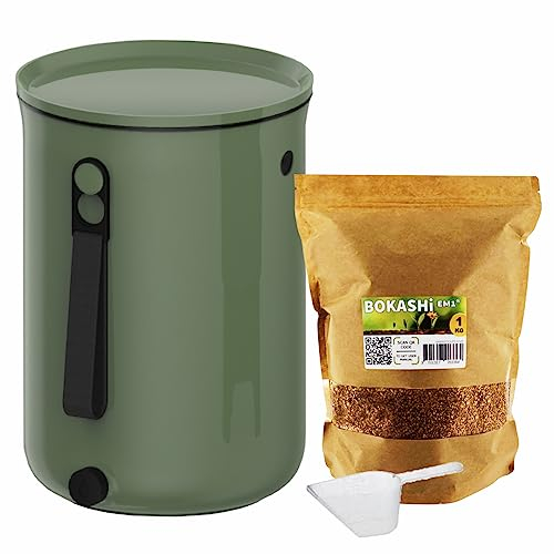 Moutta | Bokashi Organko 2 Olive (9,6L) | Composteur Organique avec compacteur + 1 kg d'Activateur EM-1 de Fermentation fabriqué en France
