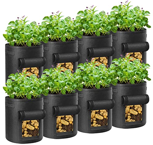 LITLANDSTAR Potato Grow Bags, 8 Pack 10 Gallon Heavy Duty Garden Grow Bags Thickened Nonwoven Fabric Pots with Window and Handles, Garden Planting Bag for Outdoor and Indoor Planting, Black