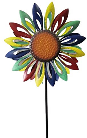 CIM Metall Windrad - Doppelwindrad Petite Rainbow Flower – Gesamthöhe: 160cm, Windrad-Durchmesser: 40cm – Gartendekoration Blume – wetterbeständig - inkl. 2-zackiger Bodenverankerung