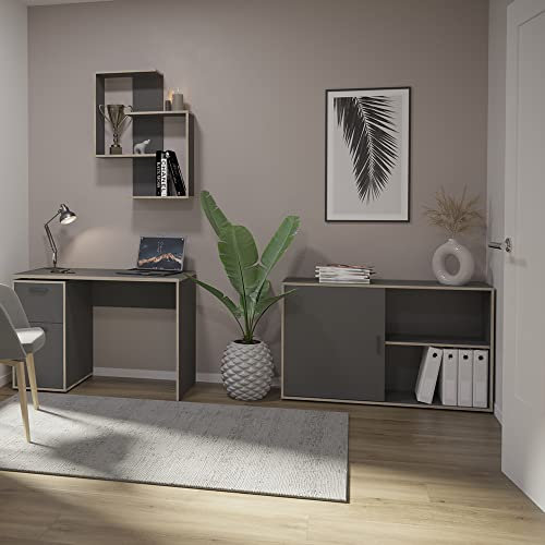 Lomadox Büromöbel Set, Schreibtisch mit Schiebetürenkommode und Wandregal, in anthrazit mit Eichekante