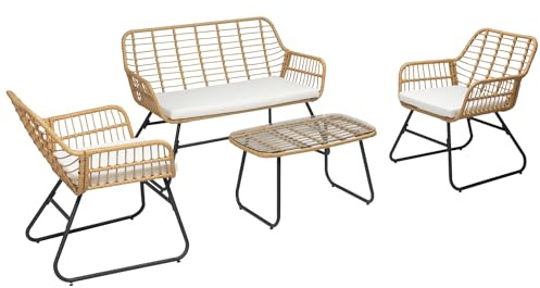 Happy Garden Salon de Jardin TIGA en résine tressée 4 Places - Coussins crème - 1 canapé, 2 fauteuils, 1 Table Basse