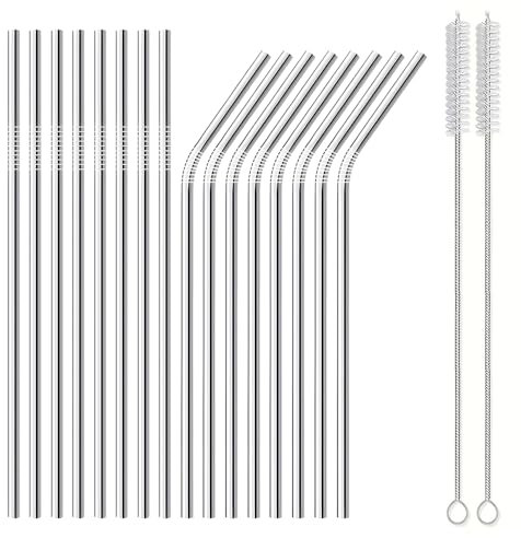 Set di 16 cannucce riutilizzabili (8 dritte + 8 curve) – Cannucce acciaio 215x6 mm con 2 spazzole per la pulizia – Facili da pulire – Cannucce metallo per succhi, milkshake e cocktail