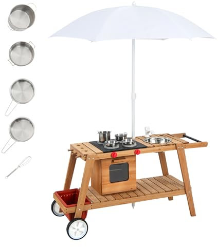 HOMASIS Cuisine extérieure pour enfants avec parasol, chariot à nourriture en bois avec roulettes, jeu avec boîte de rangement, jouet de jardin pour enfants de 3 ans et plus, 114 x 48 x 59 cm (blanc)