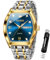 OLEVS Herrenuhr Quadrat Geschäft Diamant Analog Quarz Datum Luxus Männer Uhr Blaues Zifferblatt Edelstahl Wasserdicht leuchtende Zwei Ton Armbanduhr