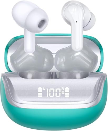Wireless Earbuds, 2024 Bluetooth 5.4 Headphones in Ear with 4 ENC Noise Cancelling Mic, Deep Bass Bluetooth Earbuds, Wireless Earphones 45H Playtime with Dual LED Display, IP7 Waterproof, Light Green