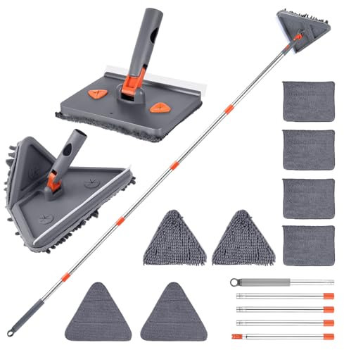 Kyrio Balai à franges avec raclette, pour nettoyer les murs et les plinthes avec manche long de 200 cm et 8 tampons de rechange pour nettoyer les murs, les coins, le sol, les fenêtres