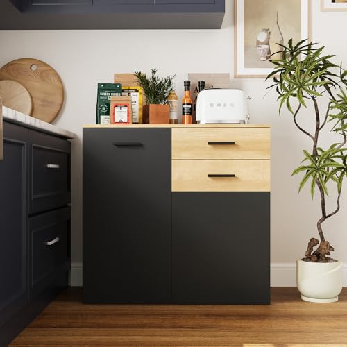 PREMTURE Credenza nero-legno 90 cm – Mobile da cucina con 2 ante, 2 cassetti e 5 scomparti – Cassettiera in stile moderno per cucina, soggiorno e sala da pranzo, 90 × 85 × 45 cm
