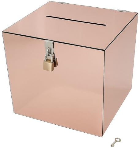 OnDisplay Rose Gold Mirrored Acrylic Card Box with Lock and Key – 9.8x9.8x9.8 – Secure Wedding, Quinceañera, or Bat Mitzvah Gift Box – Lockable Envelope Holder for Events & Parties