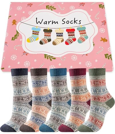Stoeury 5 Pairs Womens Thermal Winter Wool Socks Breathable Cozy Thick Sock Colourful Quality Birthday Christmas Gifts for Women Ladies Wife Mum Friends, Stocking Fillers