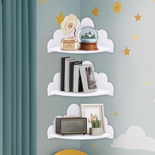 YUNYOUC 3Pack Corner Floating Shelves, Cute White Cloud Corner Shelves, Cloud Wall Shelf, Scalloped Design, Children’s Nursery Floating Shelf for Bedroom, Living Room, Baby Room Decor(White)