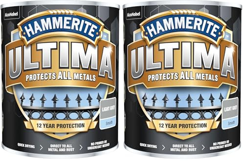 Hammerite Ultima Metal Paint Smooth Finish Light Grey 750ml – Advanced Protection, Direct to Rust, Water-Based, Durable Exterior Coating (Pack of 2)