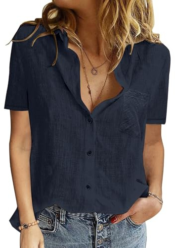 PASUDA Camicia Donna Estiva Camicetta da Donna Manica Corta Cotone Elegante Blusa Maglietta Scollo a V Top con Bottoni Moda Casual T Shirt Tinta Unita Classico Maglia Tees (Blu Navy, M)