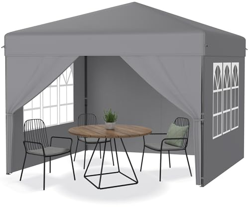 YRHome Padiglione pieghevole 3 x 3 m Pop-up, protezione UV, invernale, 4 pareti laterali, stabile, altezza regolabile, per campeggio e cortile, gazebo, grigio
