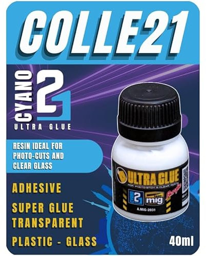 ULTRA GLUE Colle21, Colle Résine Colle21 & Ammo Mig – 40 ml. coller pièces photo-découpées, verrières transparentes, accessoires fragiles pour le modélisme.